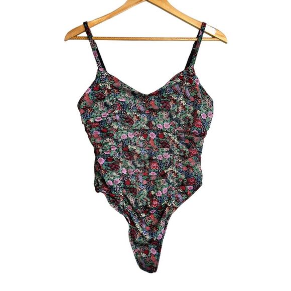 ISALIS BODYSUIT Womens Medium Black Green Pink Floral Print Ruched Tank Top - Picture 1 of 8